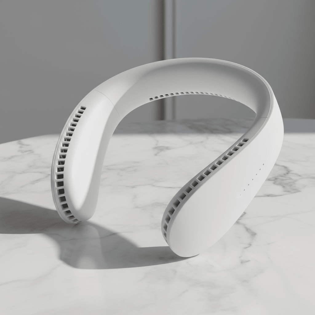 Close-up detail shot of vaneless neck fan on marble surface