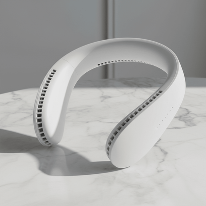 Close-up detail shot of vaneless neck fan on marble surface
