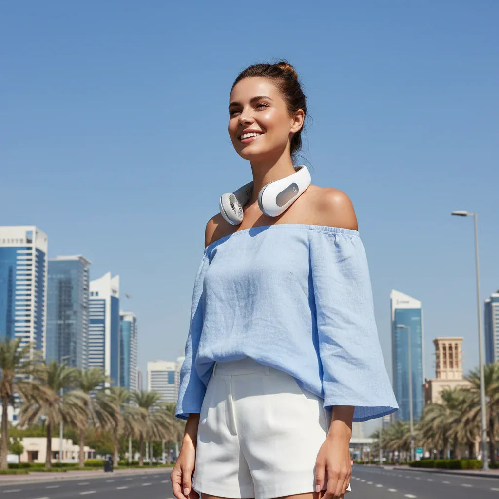 Woman wearing bladeless neck fan outdoors in UAE summer